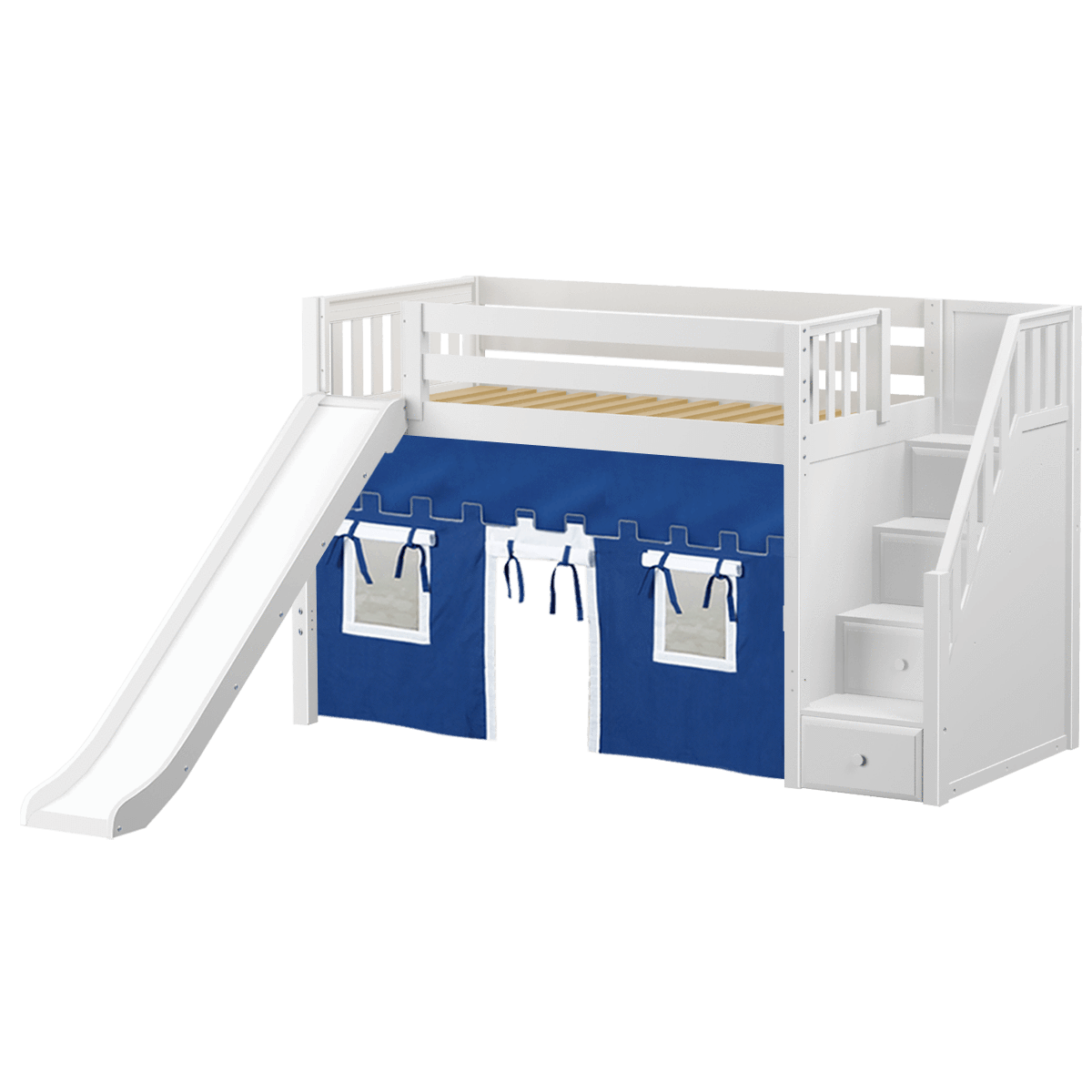 Maxtrix Twin Mid Loft Bed with Stairs, Curtain + Slide