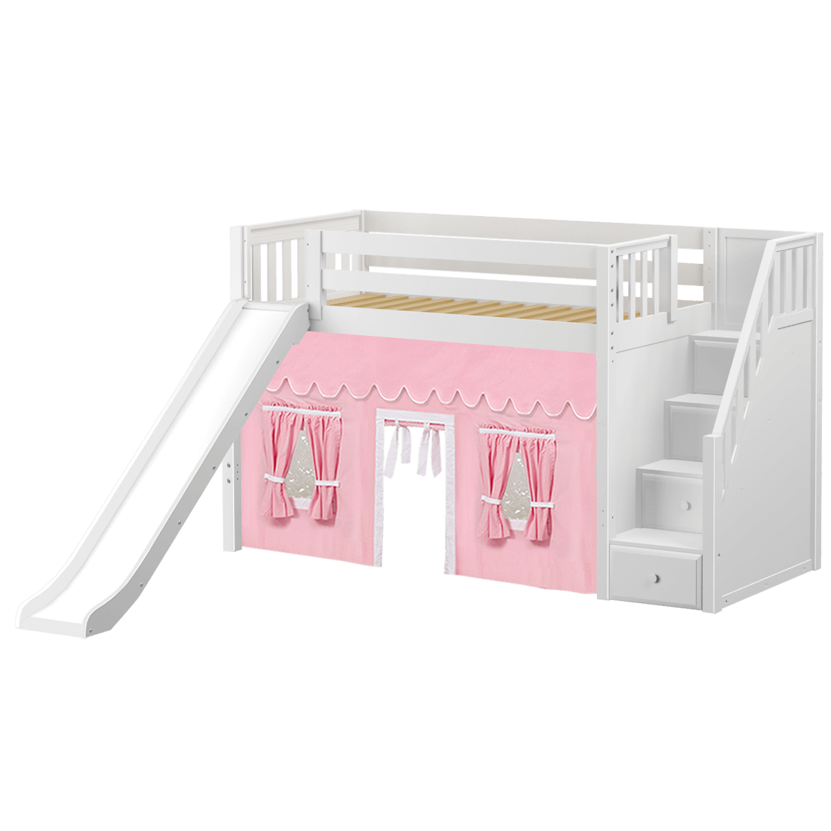 Maxtrix Twin Mid Loft Bed with Stairs, Curtain + Slide