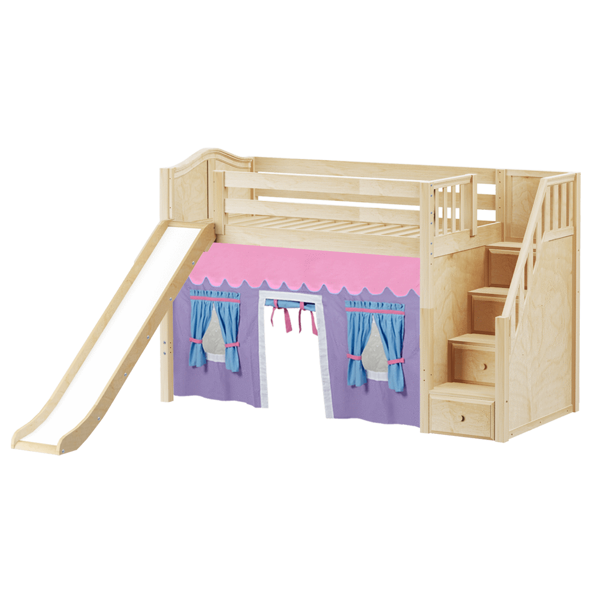 Maxtrix Twin Mid Loft Bed with Stairs, Curtain + Slide