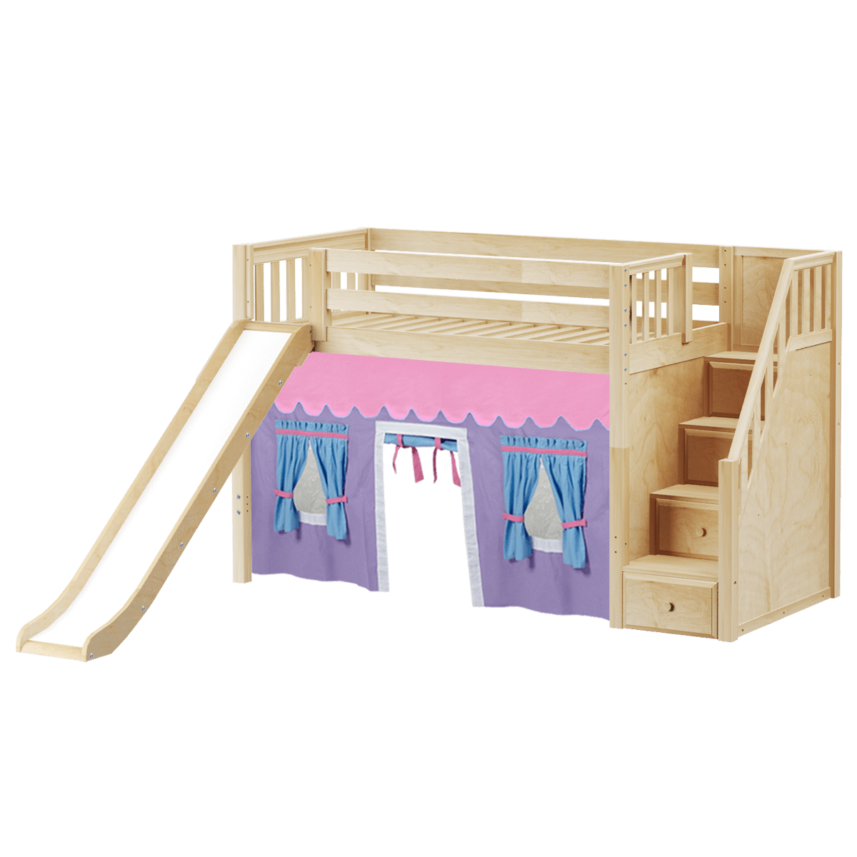 Maxtrix Twin Mid Loft Bed with Stairs, Curtain + Slide