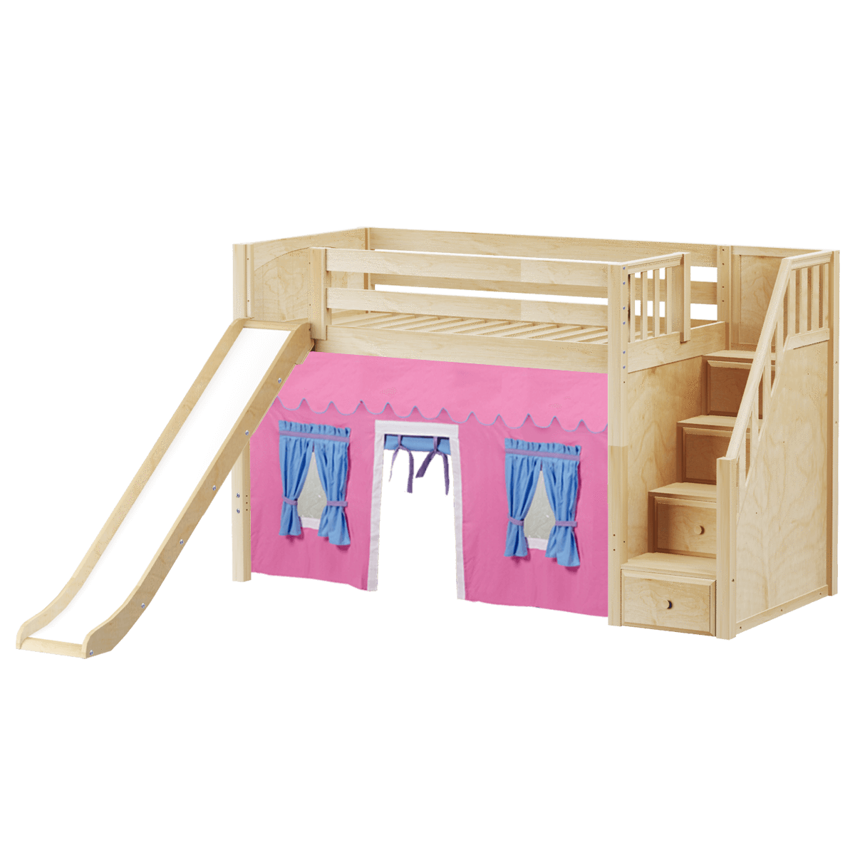 Maxtrix Twin Mid Loft Bed with Stairs, Curtain + Slide