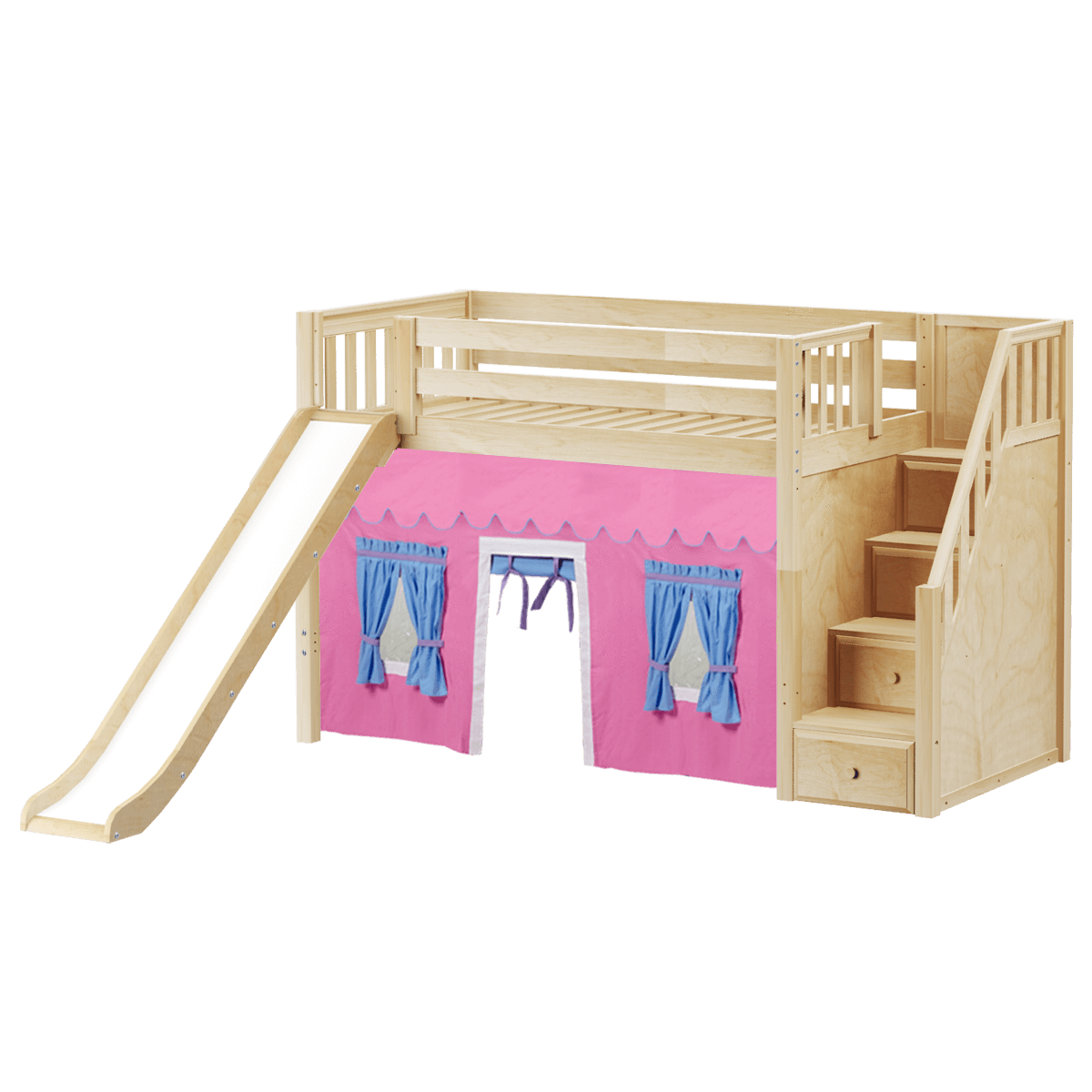 Maxtrix Twin Mid Loft Bed with Stairs, Curtain + Slide