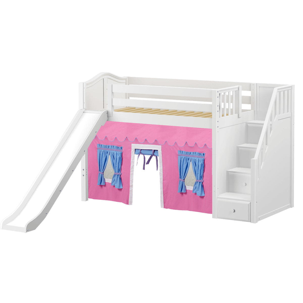 Maxtrix Twin Mid Loft Bed with Stairs, Curtain + Slide