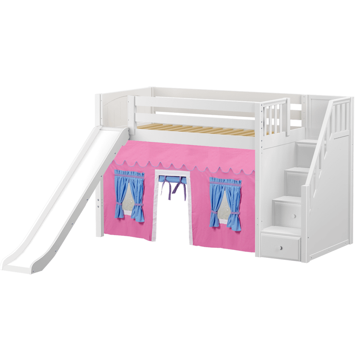 Maxtrix Twin Mid Loft Bed with Stairs, Curtain + Slide