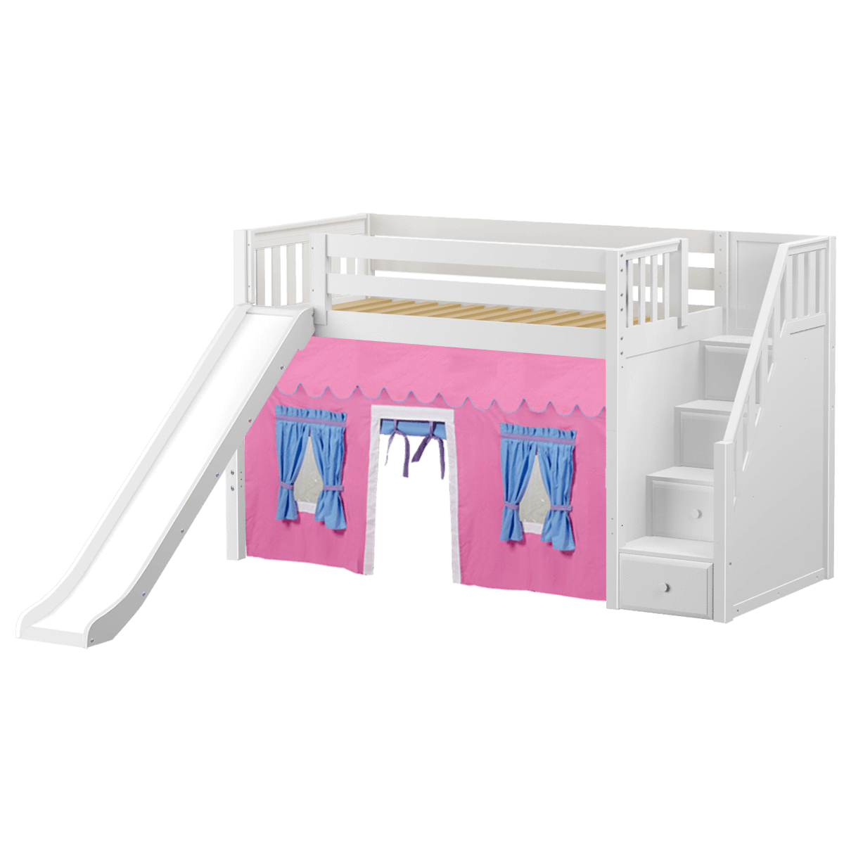 Maxtrix Twin Mid Loft Bed with Stairs, Curtain + Slide