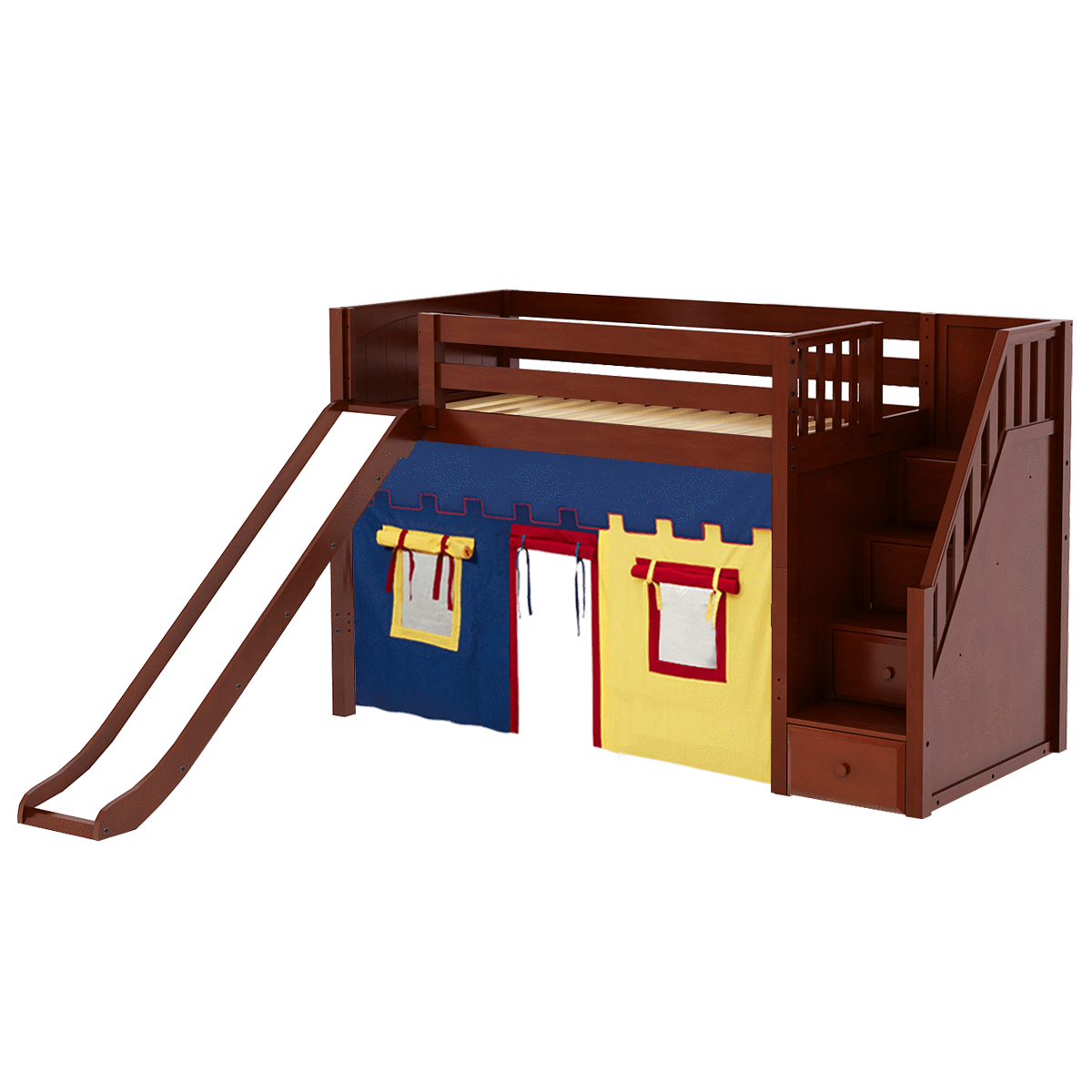 Maxtrix Twin Mid Loft Bed with Stairs, Curtain + Slide