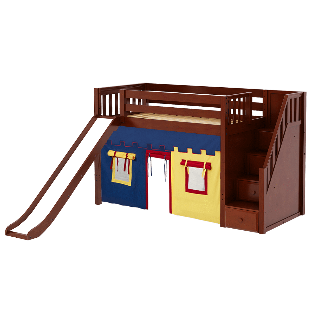 Maxtrix Twin Mid Loft Bed with Stairs, Curtain + Slide