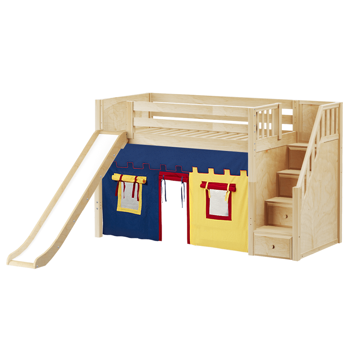 Maxtrix Twin Mid Loft Bed with Stairs, Curtain + Slide