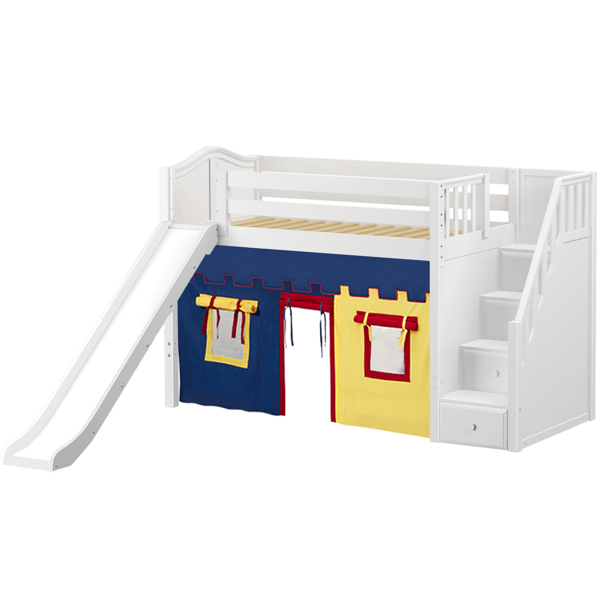 Maxtrix Twin Mid Loft Bed with Stairs, Curtain + Slide