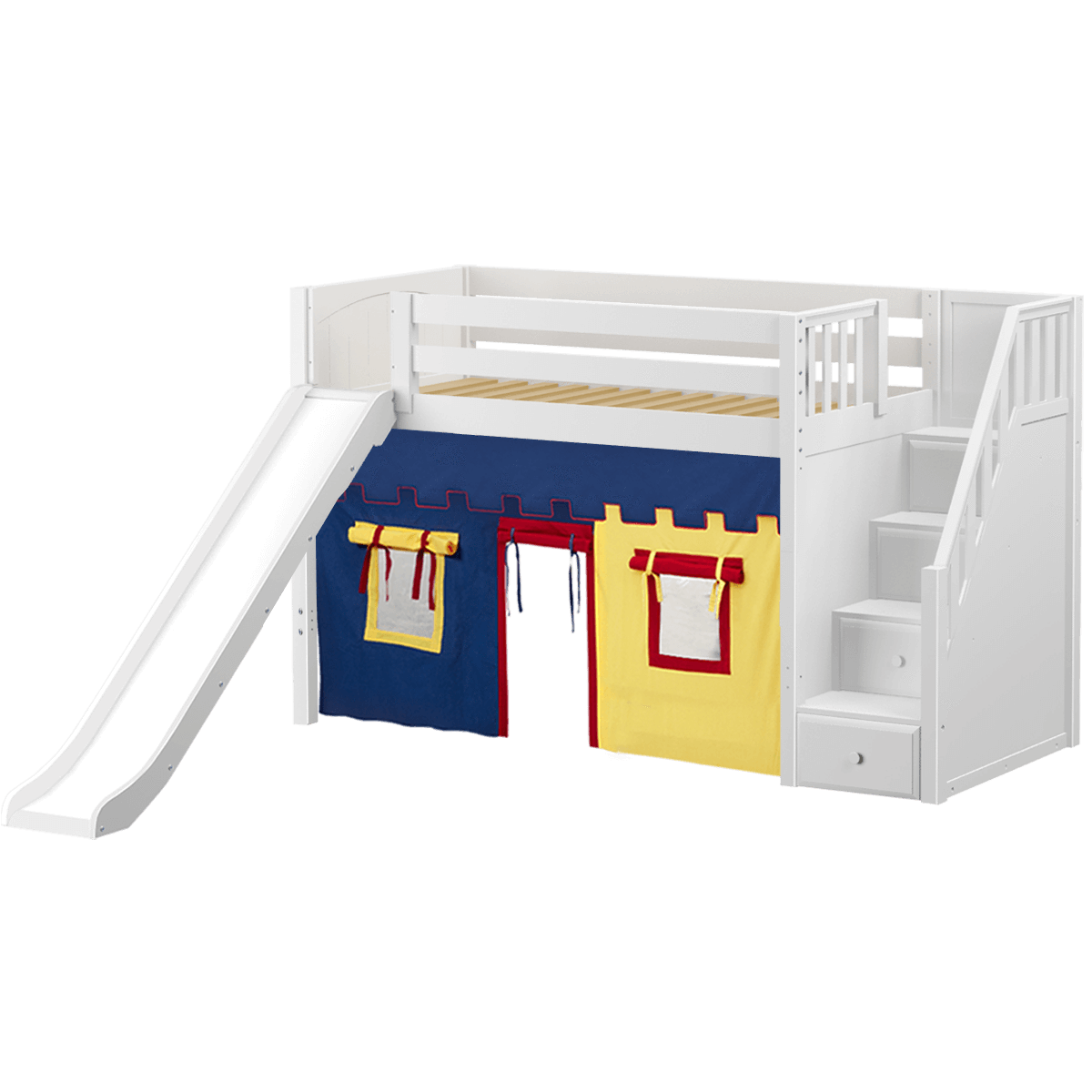 Maxtrix Twin Mid Loft Bed with Stairs, Curtain + Slide