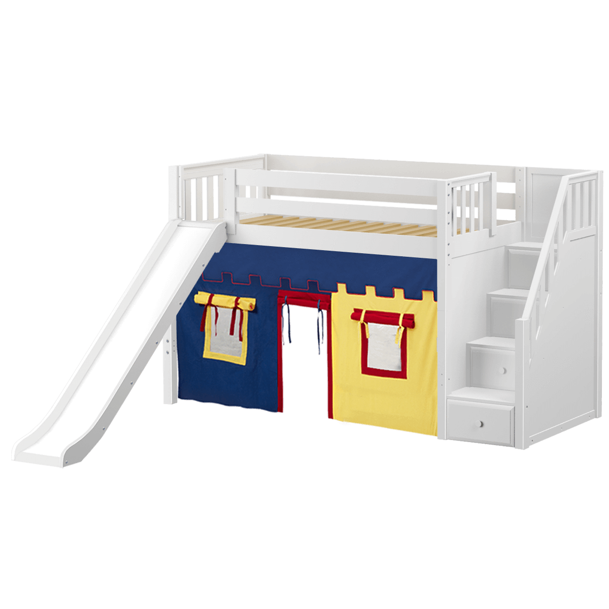 Maxtrix Twin Mid Loft Bed with Stairs, Curtain + Slide