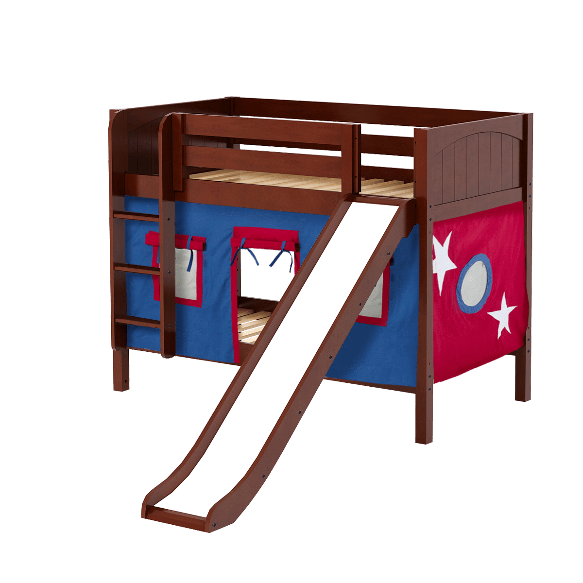 Maxtrix Twin Low Bunk Bed with Straight Ladder, Curtain + Slide