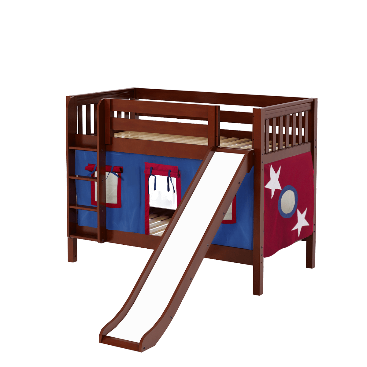 Maxtrix Twin Low Bunk Bed with Straight Ladder, Curtain + Slide