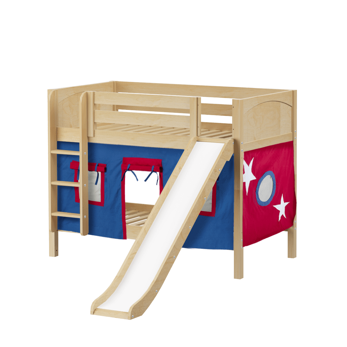 Maxtrix Twin Low Bunk Bed with Straight Ladder, Curtain + Slide