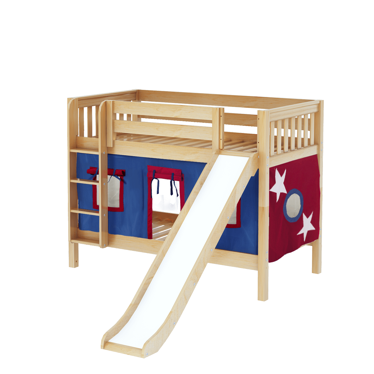 Maxtrix Twin Low Bunk Bed with Straight Ladder, Curtain + Slide