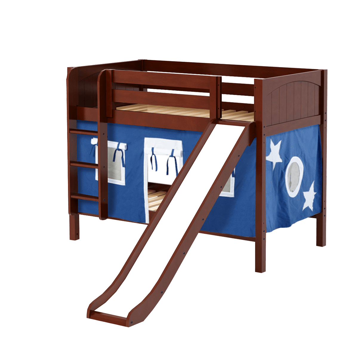 Maxtrix Twin Low Bunk Bed with Straight Ladder, Curtain + Slide