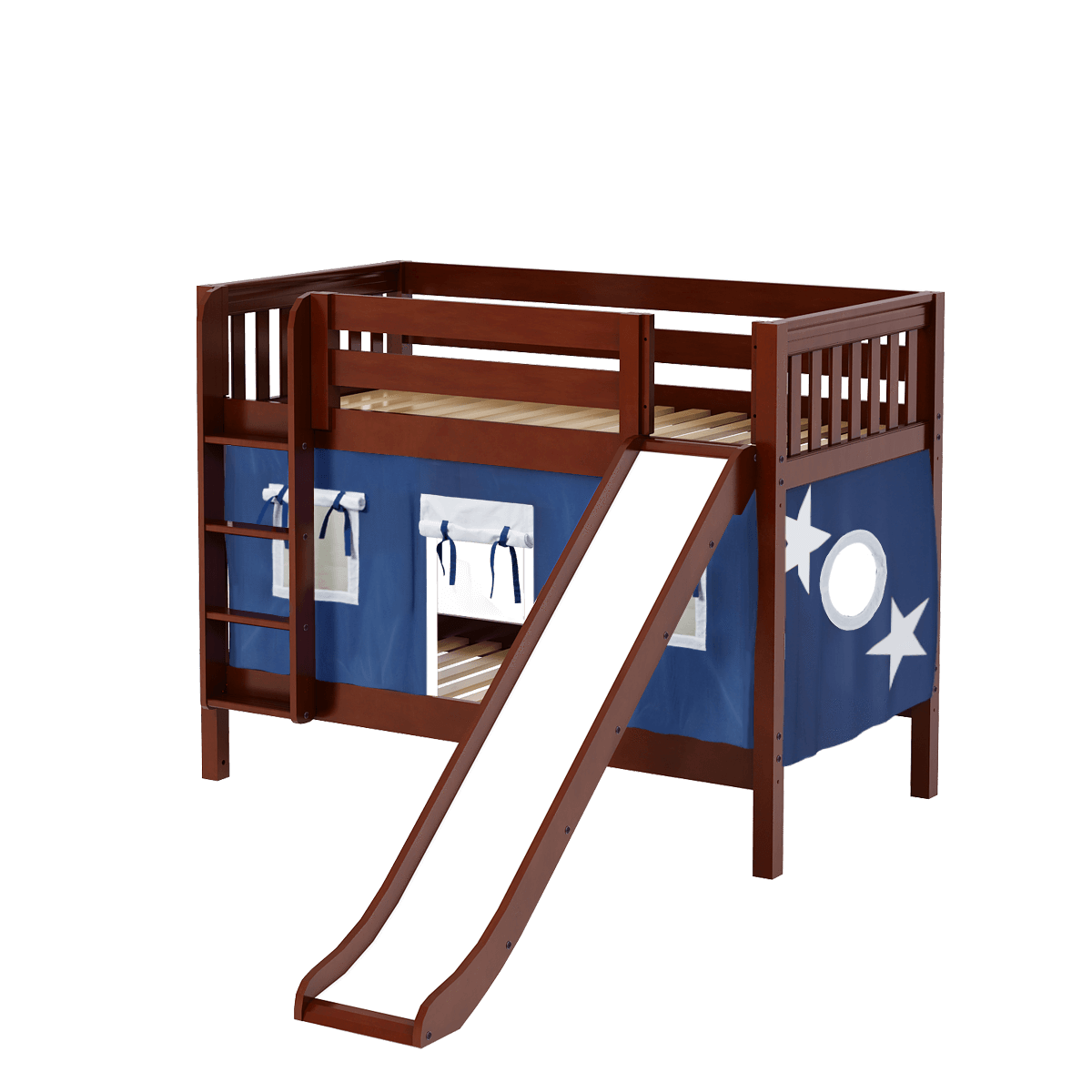 Maxtrix Twin Low Bunk Bed with Straight Ladder, Curtain + Slide