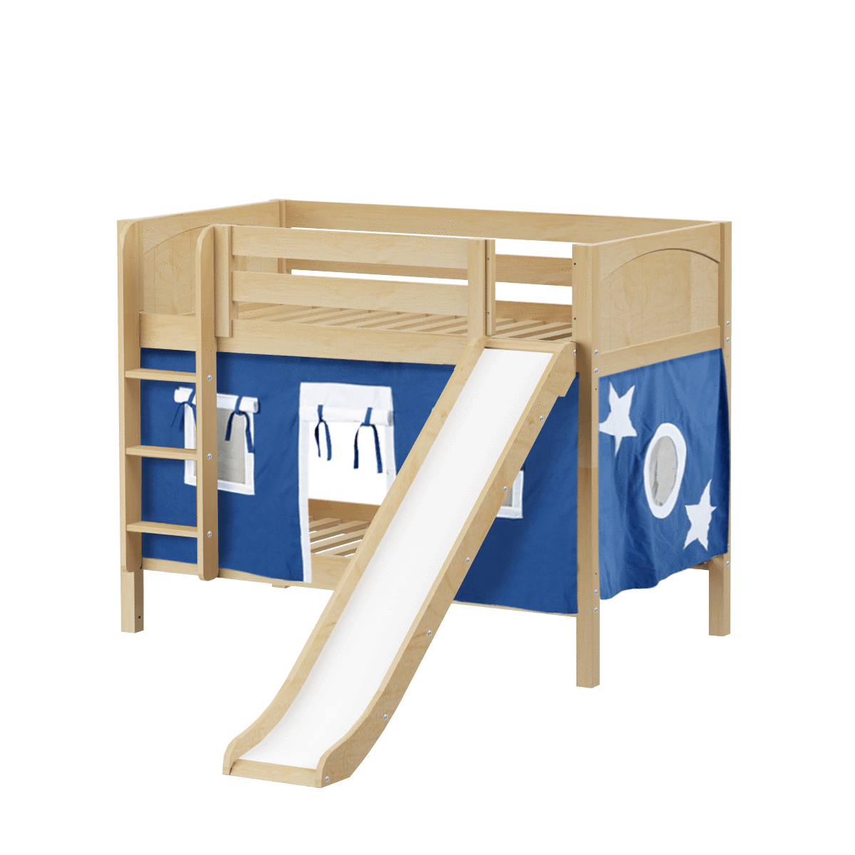 Maxtrix Twin Low Bunk Bed with Straight Ladder, Curtain + Slide