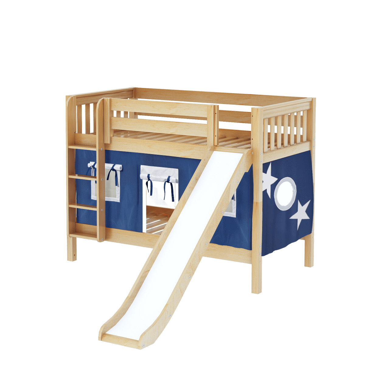 Maxtrix Twin Low Bunk Bed with Straight Ladder, Curtain + Slide