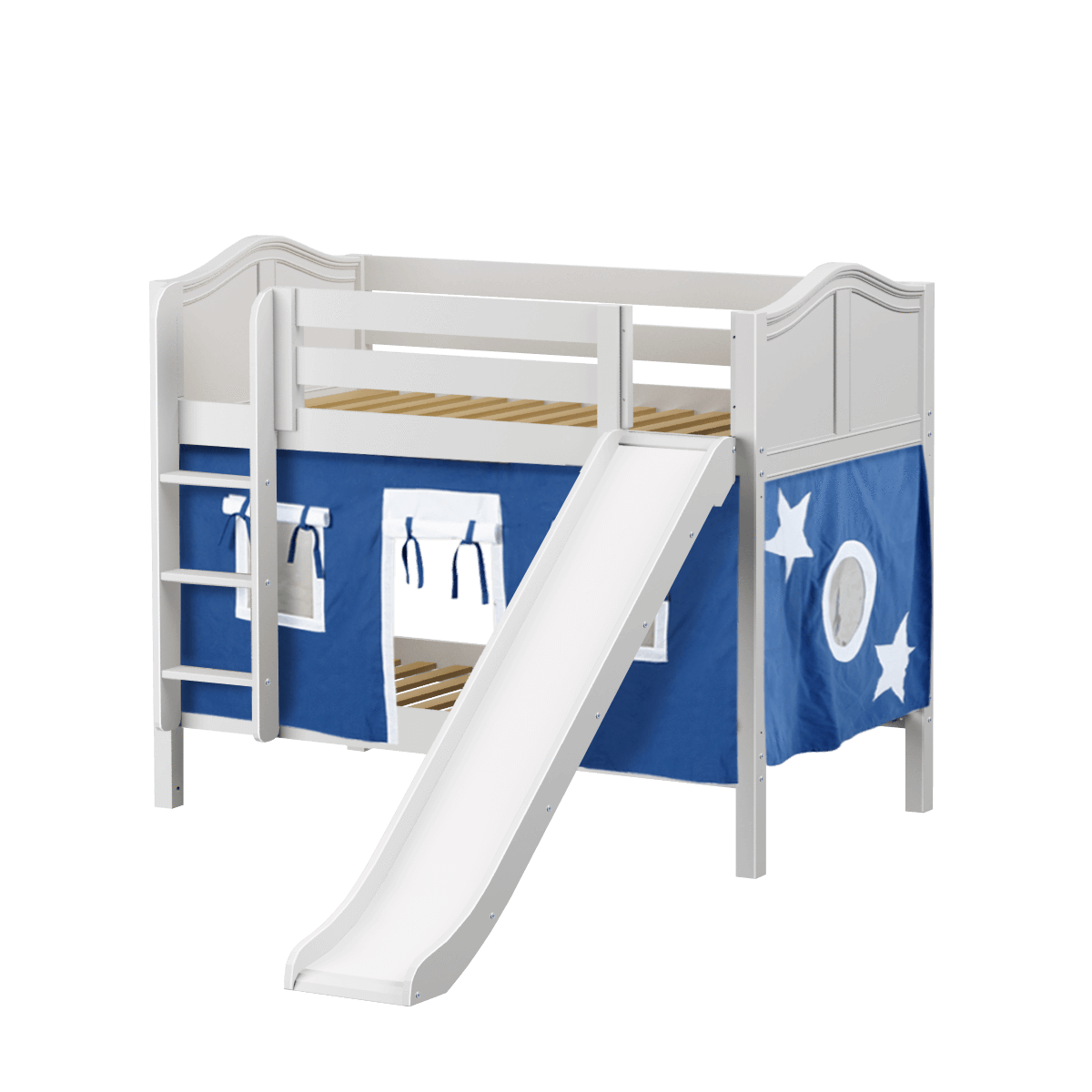 Maxtrix Twin Low Bunk Bed with Straight Ladder, Curtain + Slide