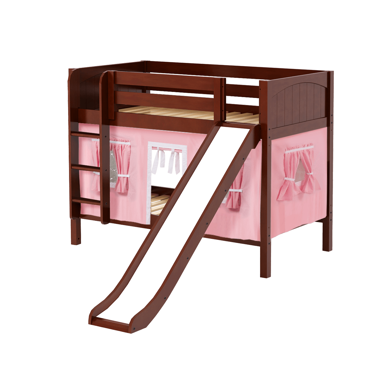 Maxtrix Twin Low Bunk Bed with Straight Ladder, Curtain + Slide