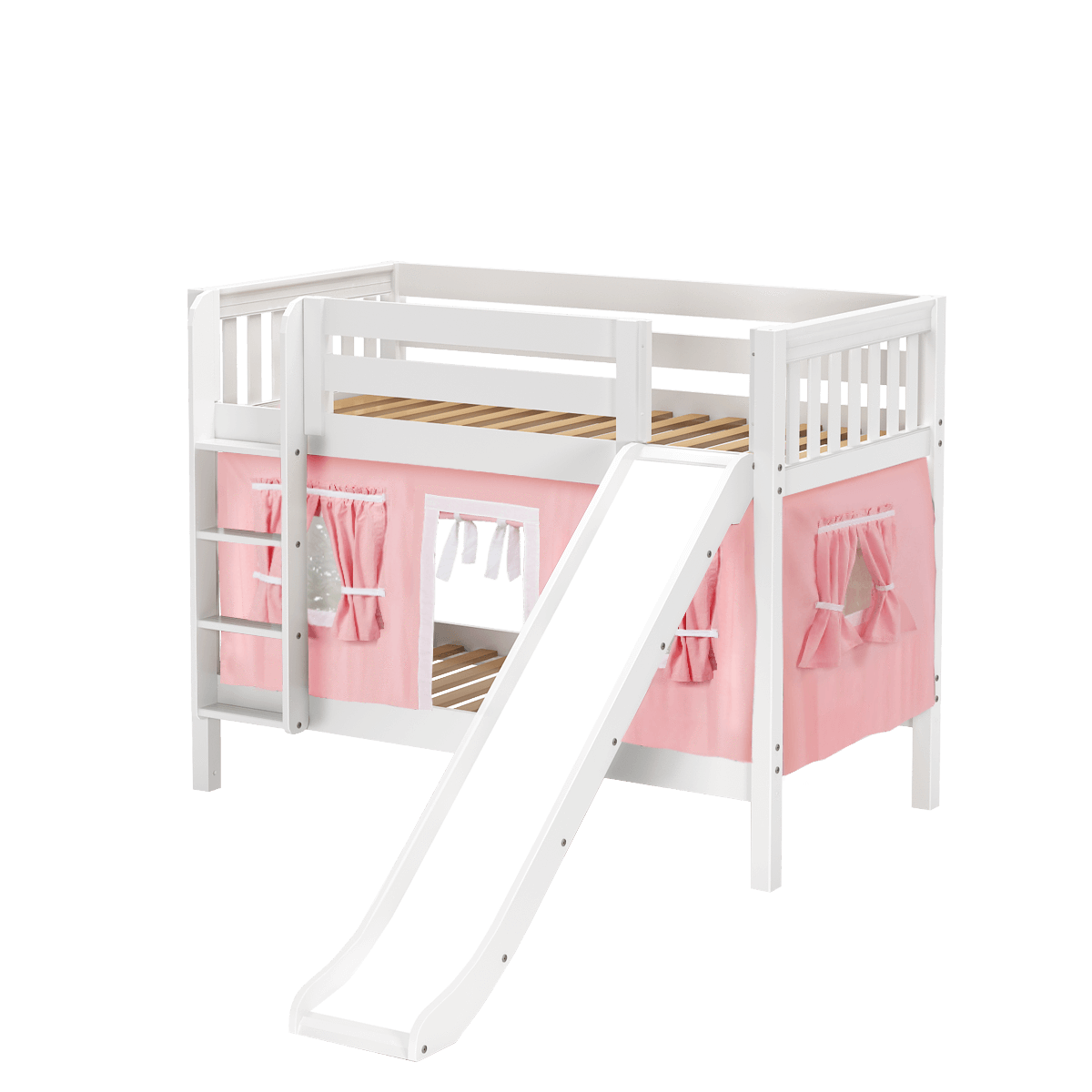 Maxtrix Twin Low Bunk Bed with Straight Ladder, Curtain + Slide