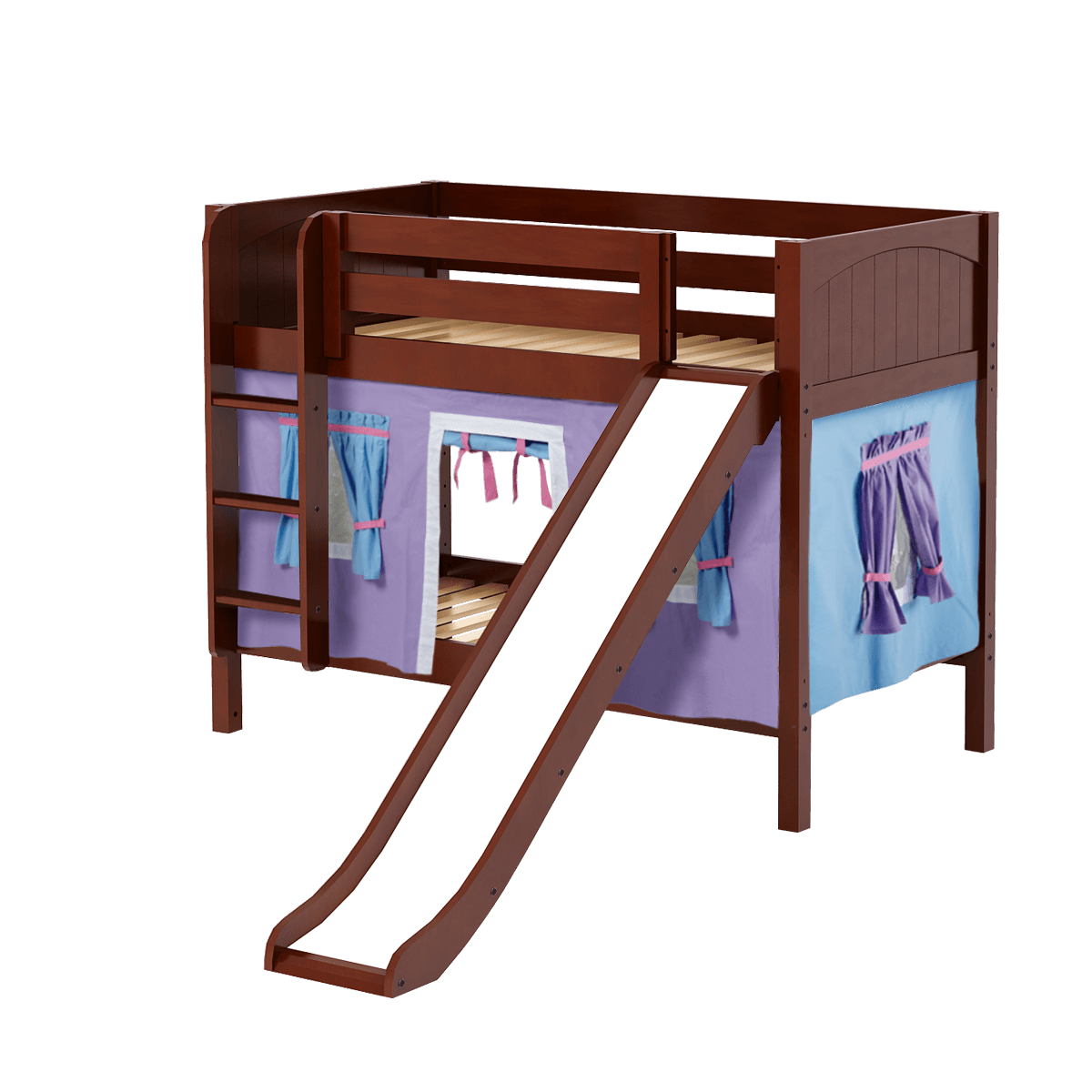 Maxtrix Twin Low Bunk Bed with Straight Ladder, Curtain + Slide