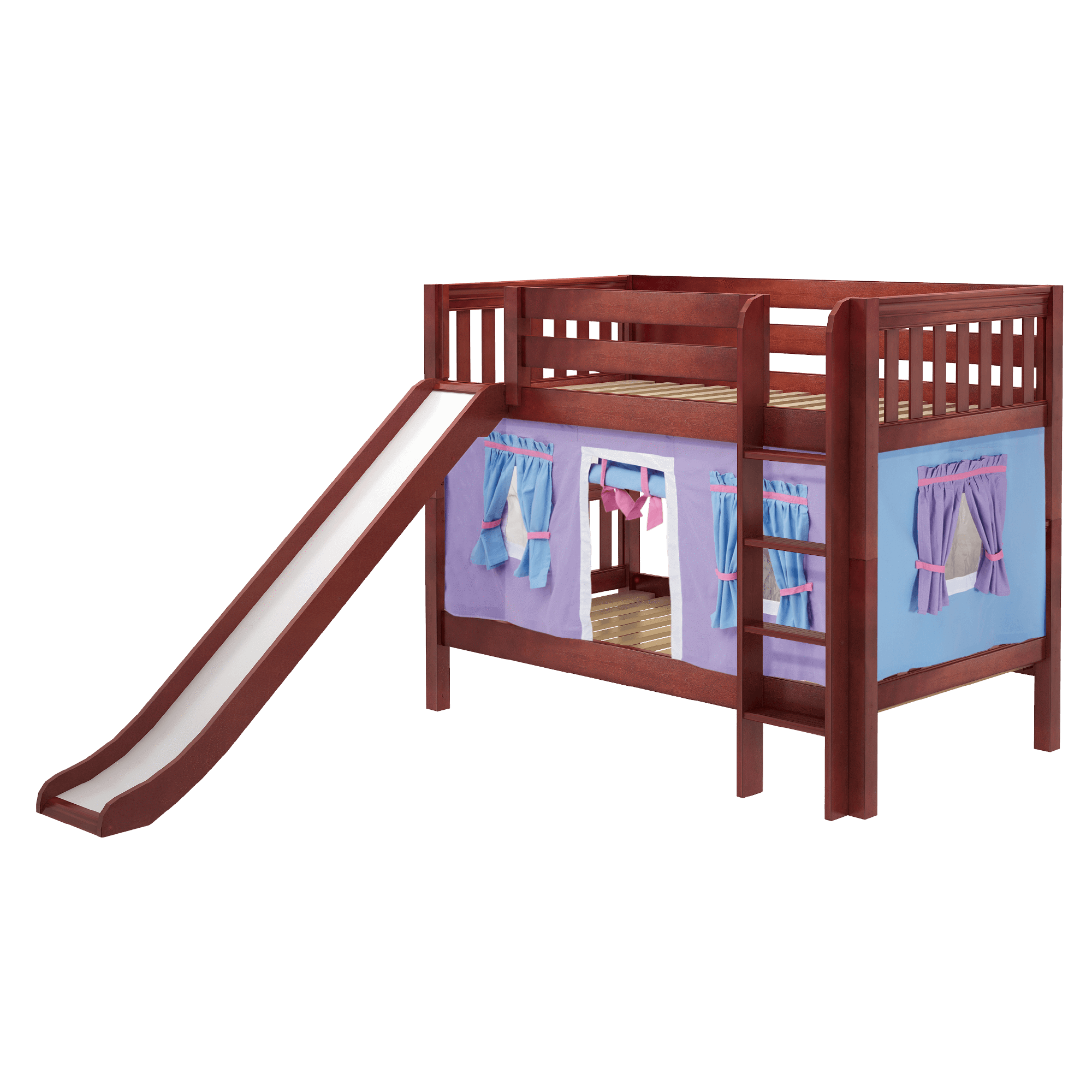 Maxtrix Twin Low Bunk Bed with Straight Ladder, Curtain + Slide