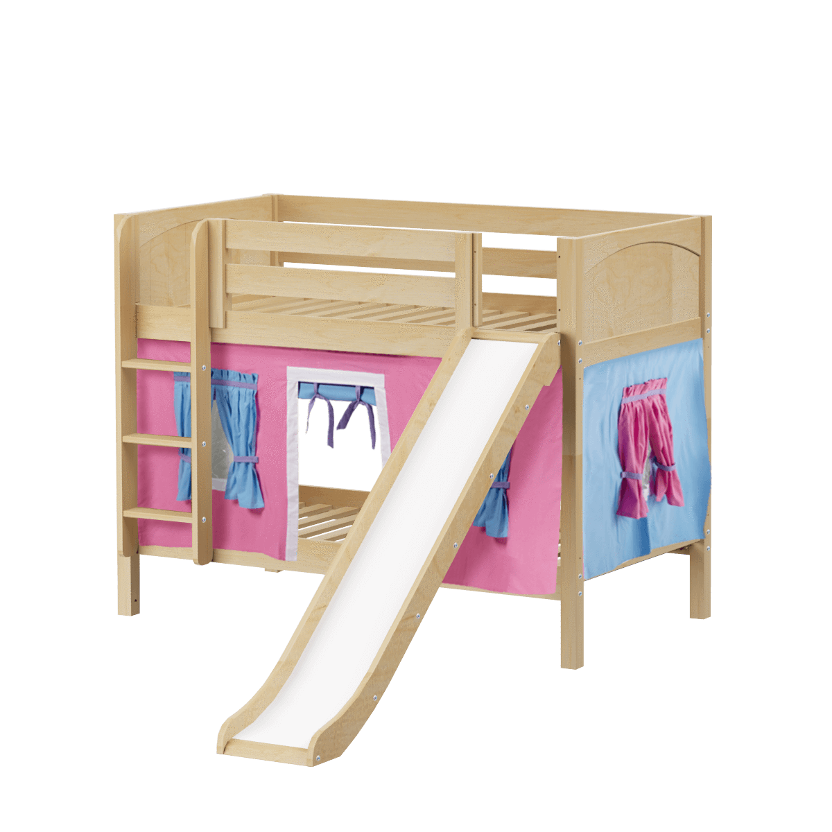 Maxtrix Twin Low Bunk Bed with Straight Ladder, Curtain + Slide