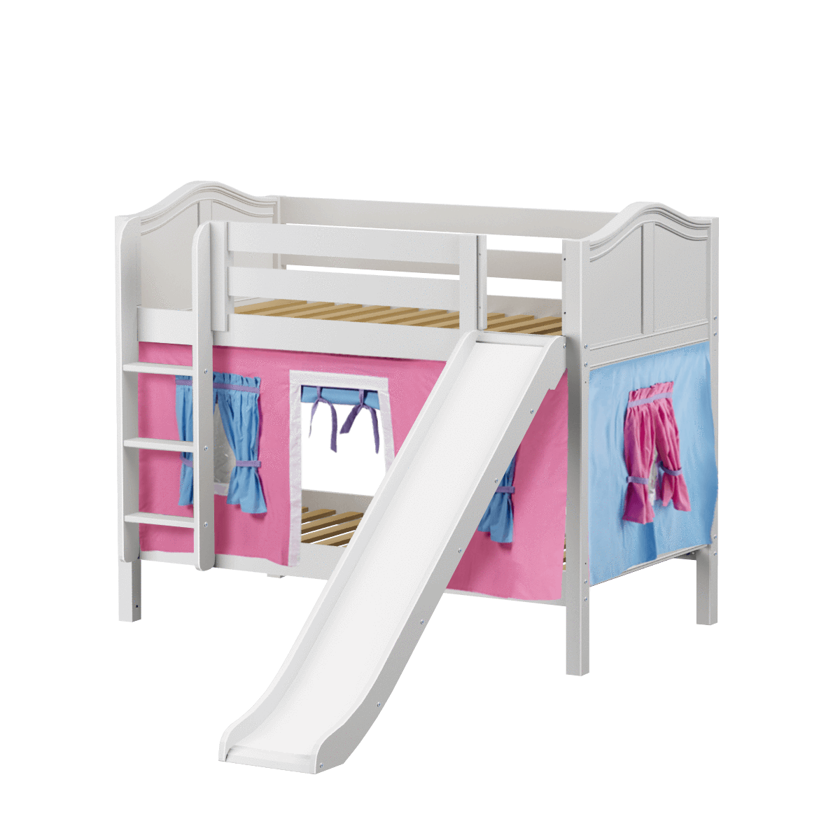 Maxtrix Twin Low Bunk Bed with Straight Ladder, Curtain + Slide