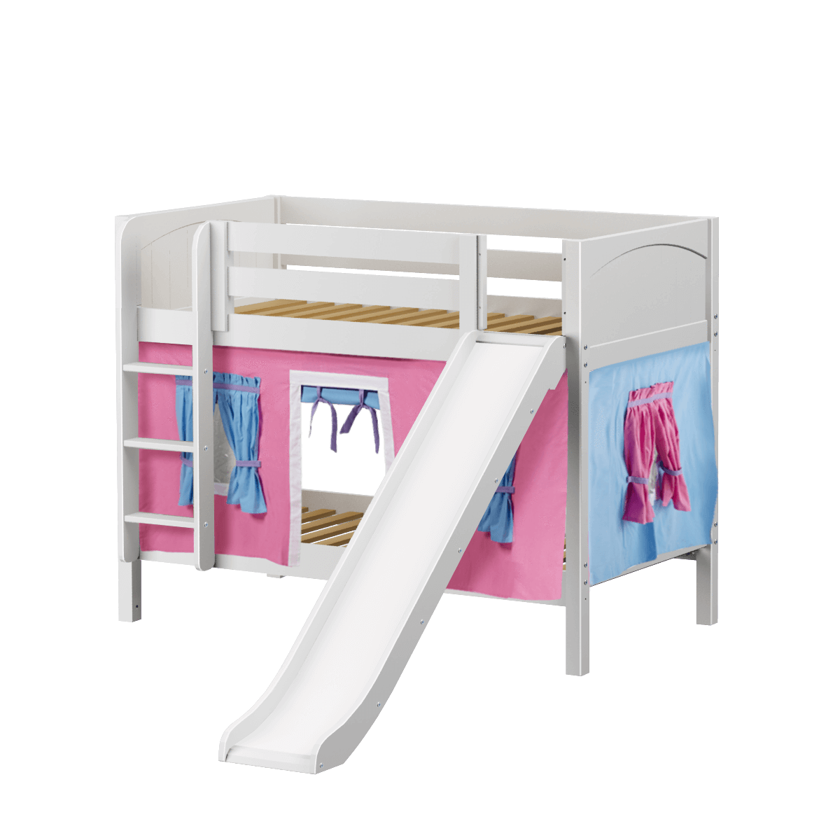 Maxtrix Twin Low Bunk Bed with Straight Ladder, Curtain + Slide