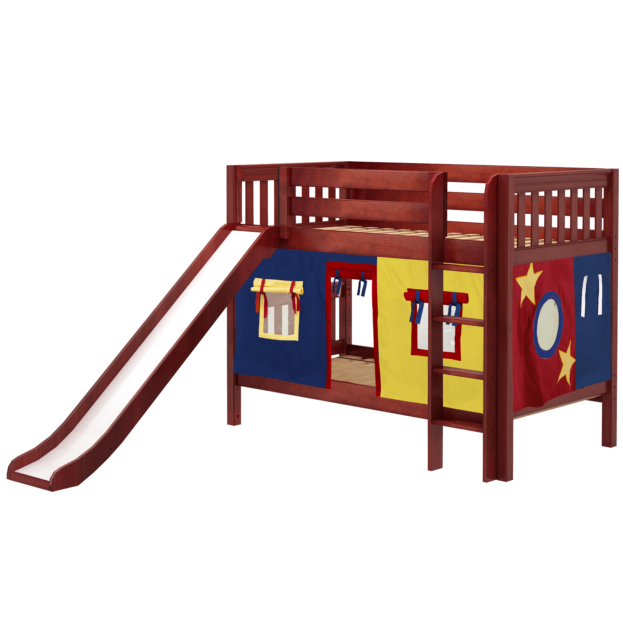 Maxtrix Twin Low Bunk Bed with Straight Ladder, Curtain + Slide