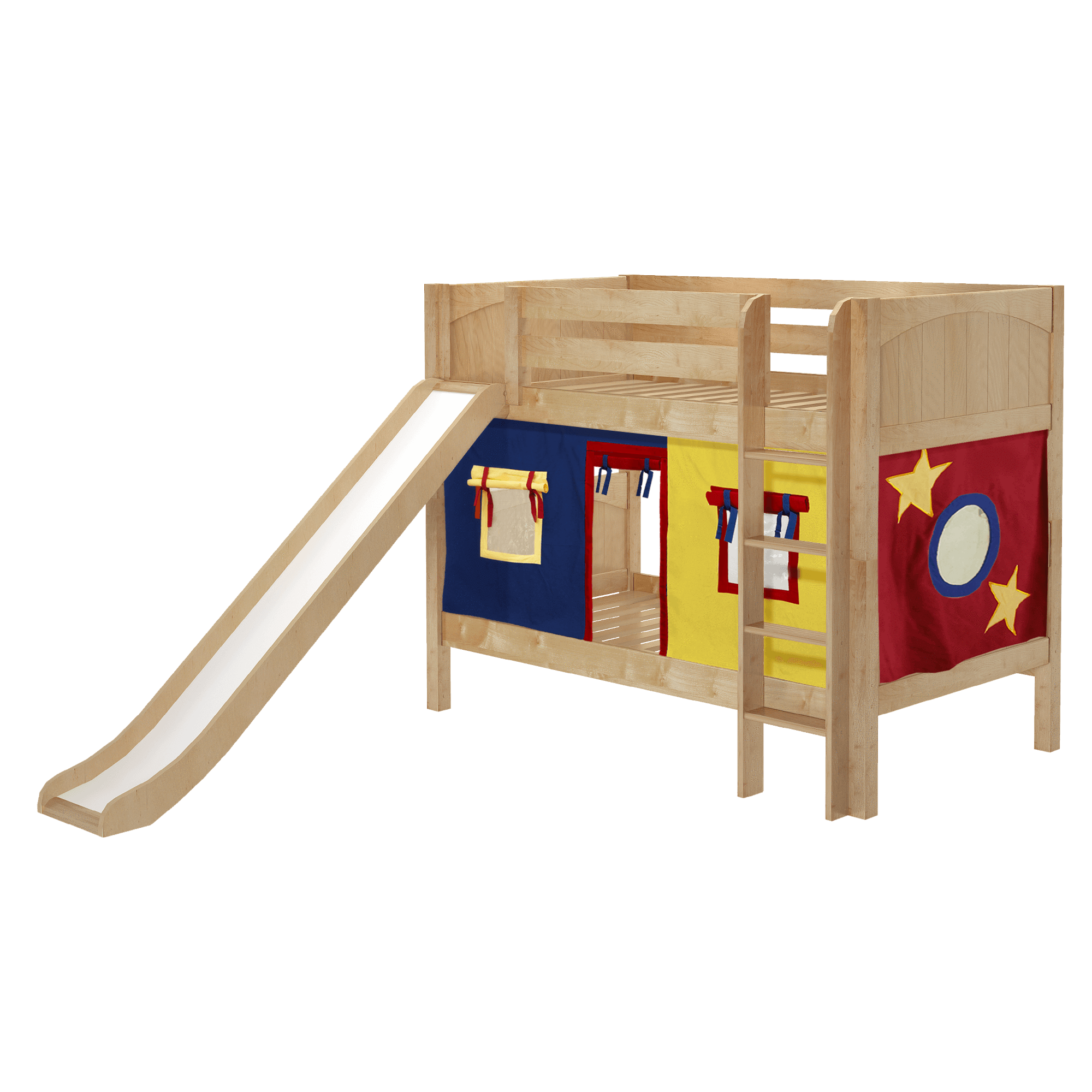 Maxtrix Twin Low Bunk Bed with Straight Ladder, Curtain + Slide