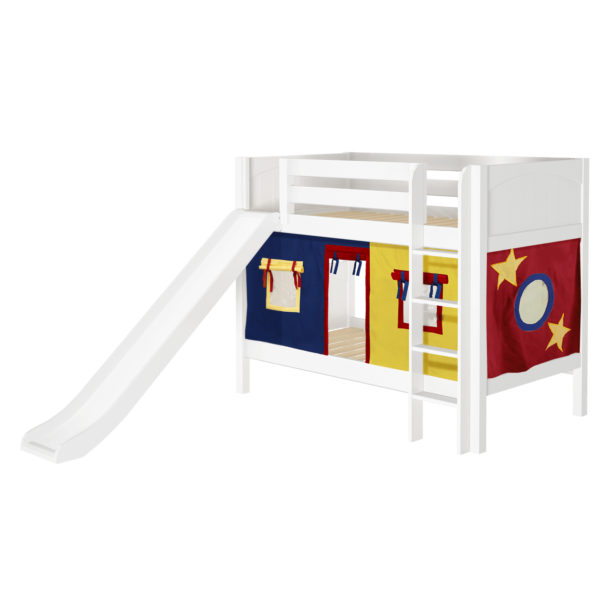 Maxtrix Twin Low Bunk Bed with Straight Ladder, Curtain + Slide