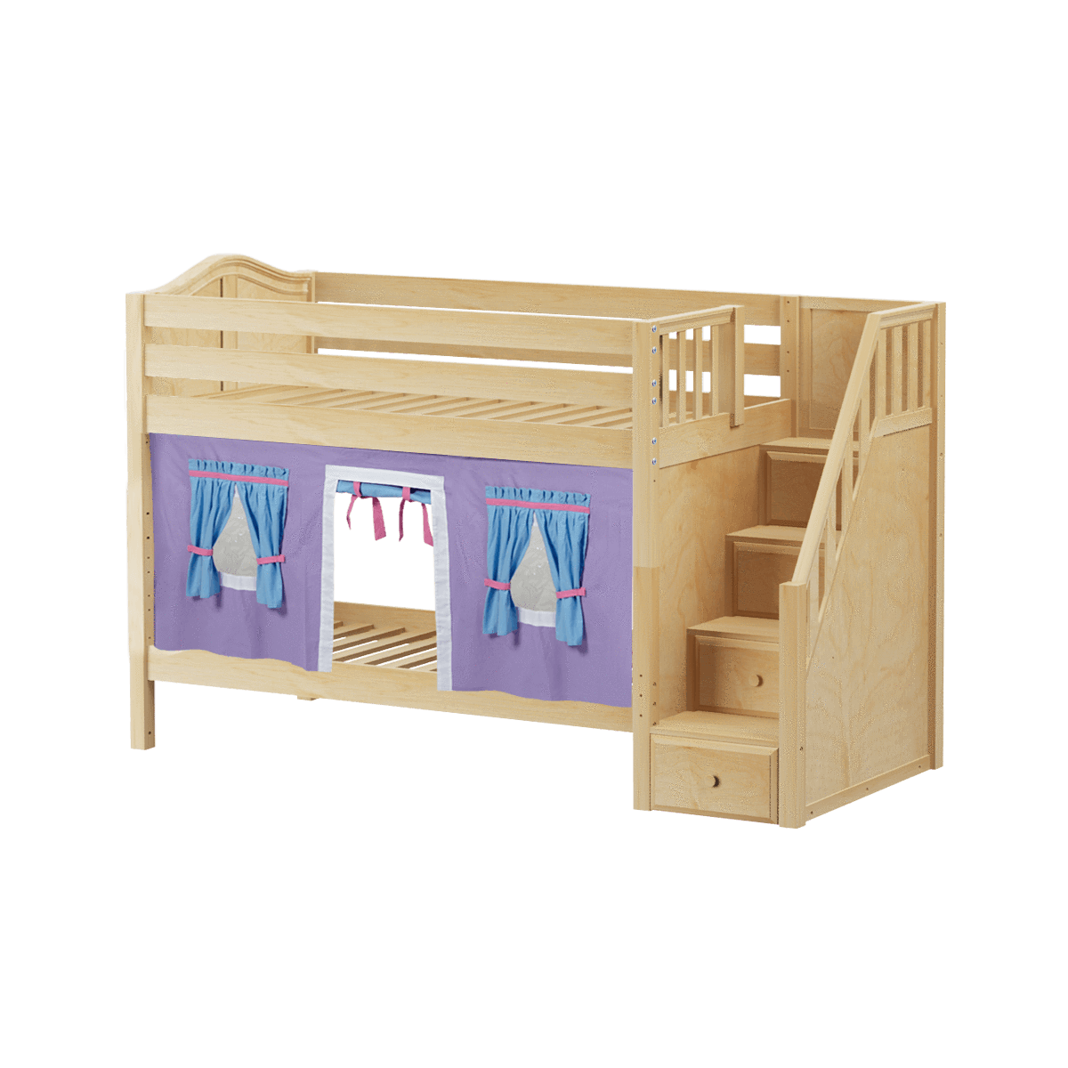 Maxtrix Twin Low Bunk Bed with Stairs + Curtain