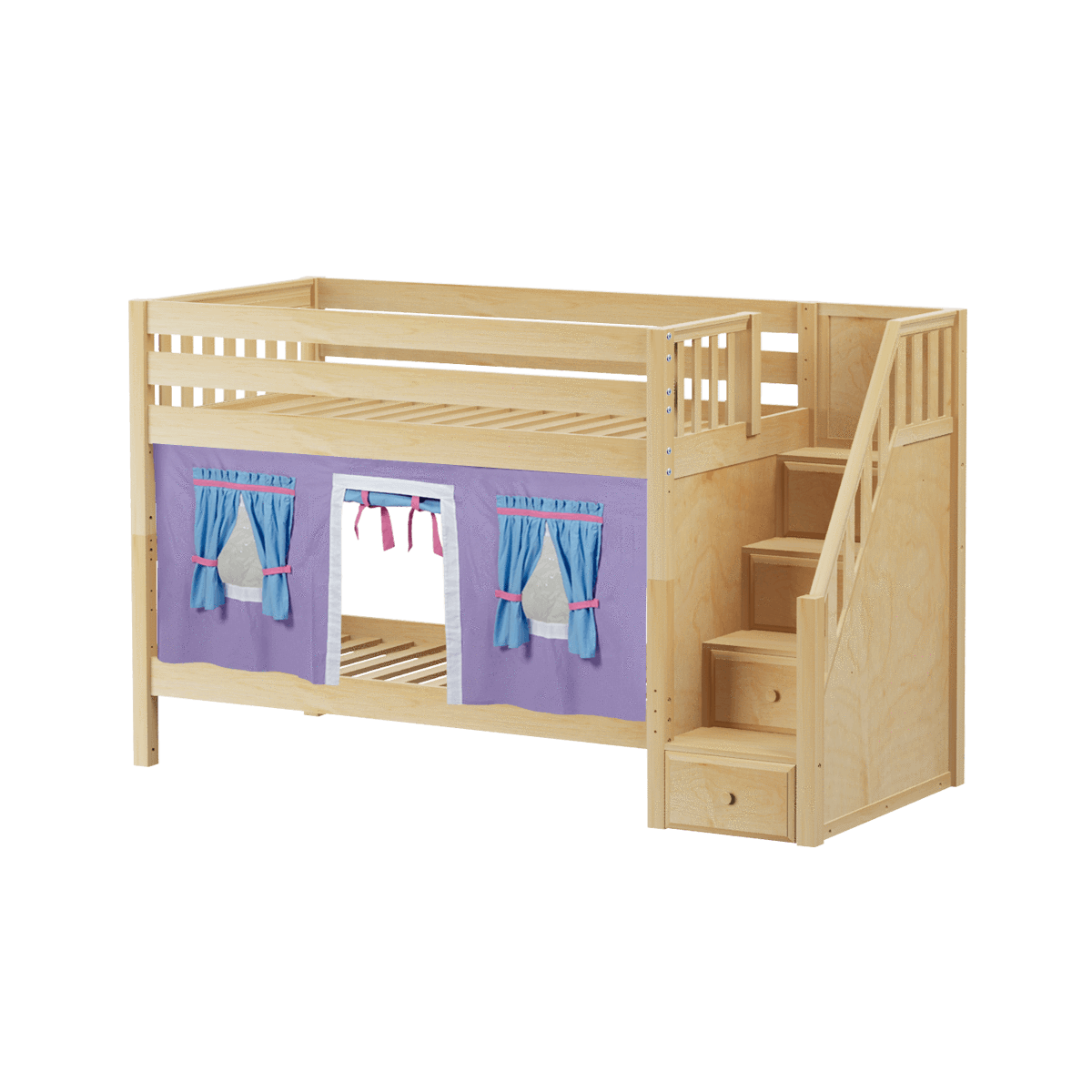 Maxtrix Twin Low Bunk Bed with Stairs + Curtain