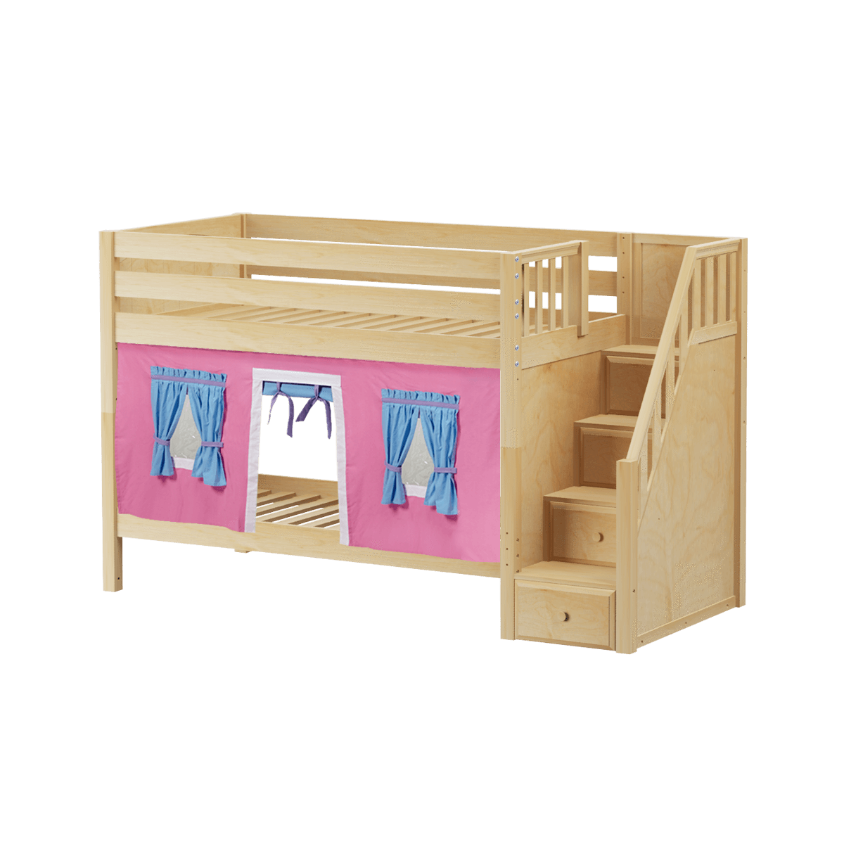 Maxtrix Twin Low Bunk Bed with Stairs + Curtain