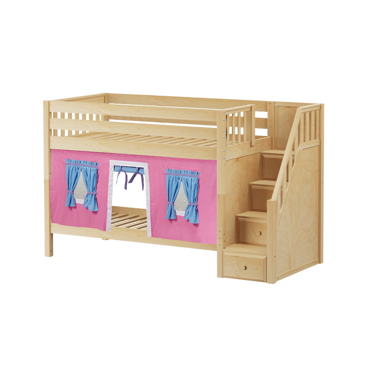 Maxtrix Twin Low Bunk Bed with Stairs + Curtain