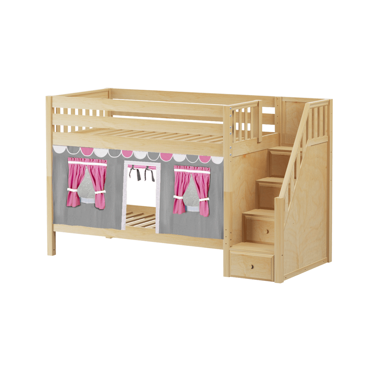 Maxtrix Twin Low Bunk Bed with Stairs + Curtain