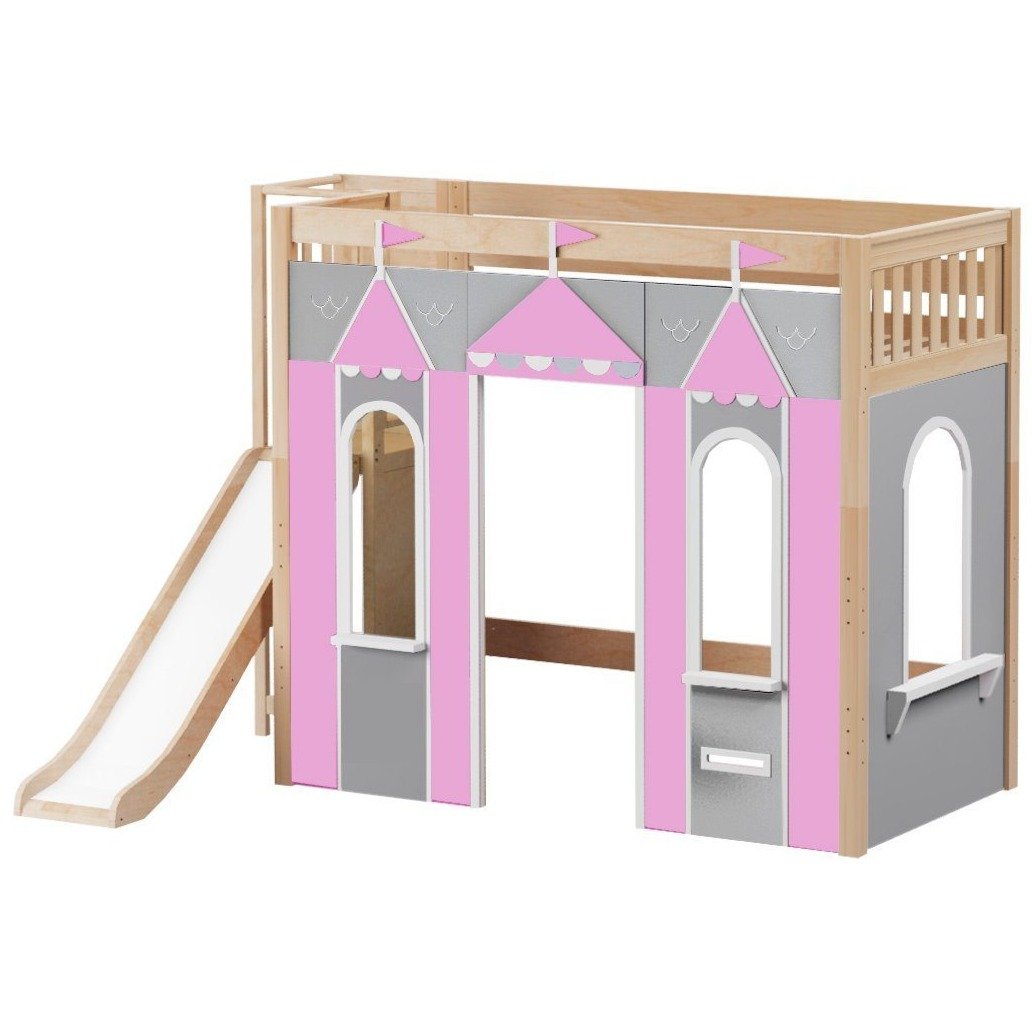 Maxtrix Twin High Loft Bed with Slide Platform + Playhouse Panels