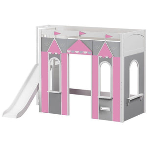 Maxtrix Twin High Loft Bed with Slide Platform + Playhouse Panels