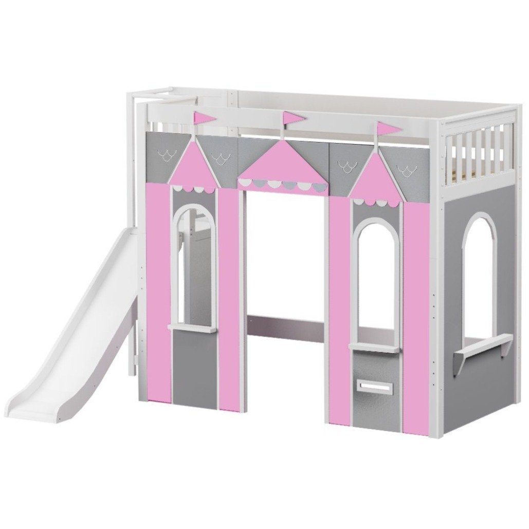 Maxtrix Twin High Loft Bed with Slide Platform + Playhouse Panels