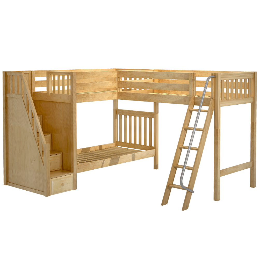 Maxtrix Twin XL High Corner Loft Bunk Bed with Ladder + Stairs - L