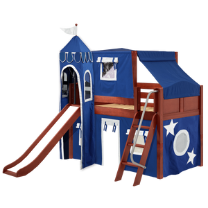 Maxtrix Twin Low Loft Bed with Angled Ladder, Curtain, Top Tent, Tower + Slide