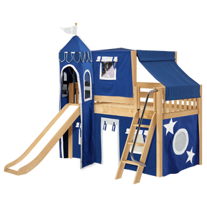 Maxtrix Twin Low Loft Bed with Angled Ladder, Curtain, Top Tent, Tower + Slide
