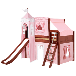 Maxtrix Twin Low Loft Bed with Angled Ladder, Curtain, Top Tent, Tower + Slide