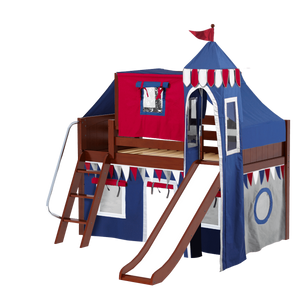 Maxtrix Twin Low Loft Bed with Angled Ladder, Curtain, Top Tent, Tower + Slide