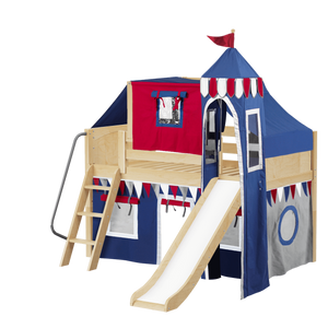 Maxtrix Twin Low Loft Bed with Angled Ladder, Curtain, Top Tent, Tower + Slide
