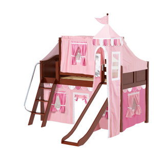Maxtrix Twin Low Loft Bed with Angled Ladder, Curtain, Top Tent, Tower + Slide