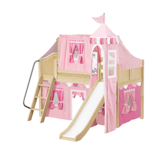 Maxtrix Twin Low Loft Bed with Angled Ladder, Curtain, Top Tent, Tower + Slide